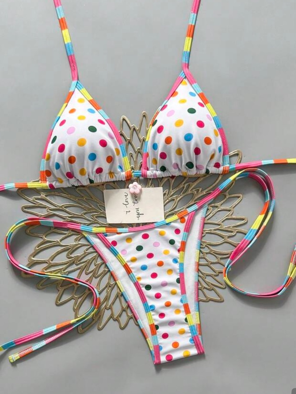 White Polka Dot String Bikini with Rainbow Trim